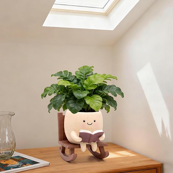 Rocking Chair Book Planter, Cute Smiley Face Succulent Plant Pots for Indoor Outdoor Plants, Unique Funny Flower Pots with Drainage Hole, Plant Gifts for Mother's Day, Birthday, Christmas