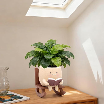 Rocking Chair Book Planter, Cute Smiley Face Succulent Plant Pots for Indoor Outdoor Plants, Unique Funny Flower Pots with Drainage Hole, Plant Gifts for Mother's Day, Birthday, Christmas