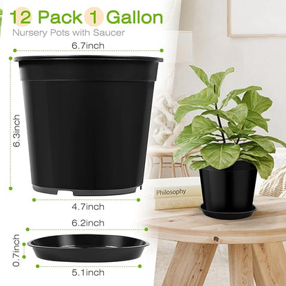 1 Gallon Plastic Pots with Drip Trays, Sturdy Gallon Plant Pots with Drainage Holes, Large Gallon Pots for Flowers, Ideal for Indoor and Outdoor Use (1Gallon-12PACK)