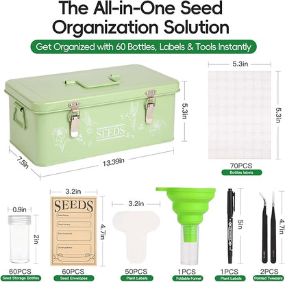 60 Slots Seed Organizer Storage Box with 3 Compartments,Large Metal Garden Seed Organizer with Lid&Safety Locks,Seed Saver Bin 50 Plant Labels 60 Seed Envelopes,Professional All-In-One Seed Saving Kit