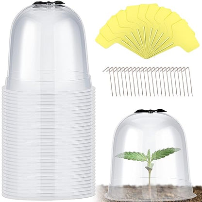 Remerry 20 Pack Garden Cloche Clear Bell Covers Freeze Protection Humidity Domes Plastic Dome 7.3 x 6.7 Inch with 60 Ground Securing Pegs and Plant Labels for Plants Seed Starting Greenhouse