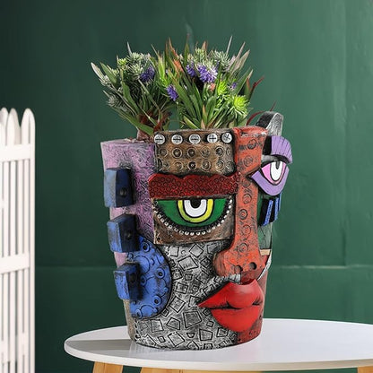 Picasso-Inspired Abstract Face Flower Pot | Unique Head Planter with Drainage Hole | Vibrant Colors & Quirky Art Decor (Abstract Human face)