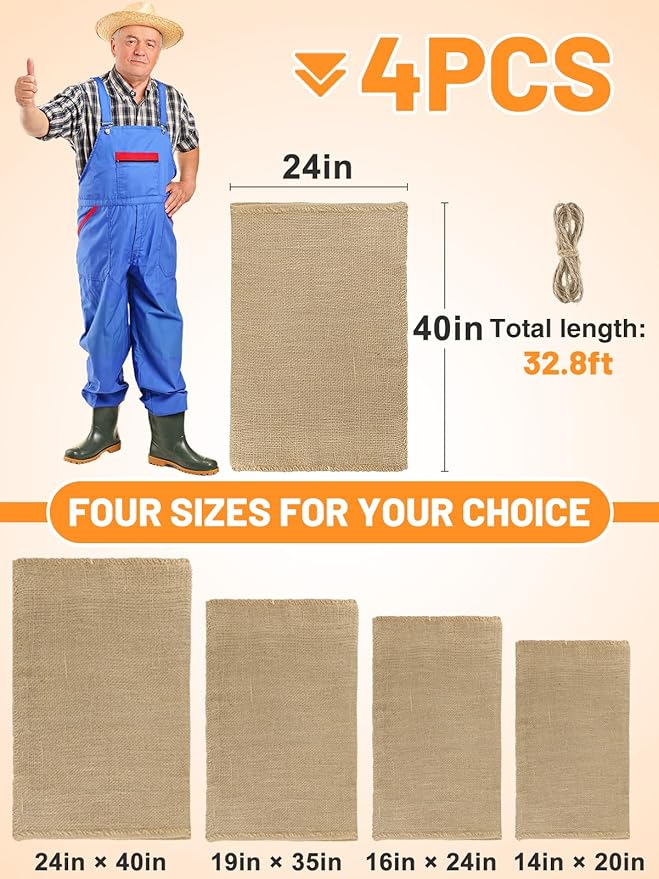 ANPHSIN 4Pcs Breathable Natural Burlap Bags - 24"x40" Reusable Thicken Jute Potato Onion Food Storage Sacks with Rope