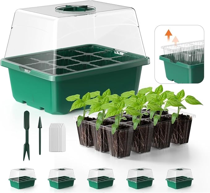 Seed Starter Tray, 5PCS Seed Starter Kit, Seedling Starter Trays with Heightened Lids for Seed Staring, Indoor Gardening Plant Germination Trays (12 Cells per Tray) Green