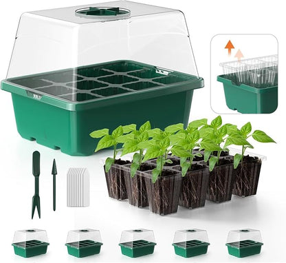 Seed Starter Tray, 5PCS Seed Starter Kit, Seedling Starter Trays with Heightened Lids for Seed Staring, Indoor Gardening Plant Germination Trays (12 Cells per Tray) Green