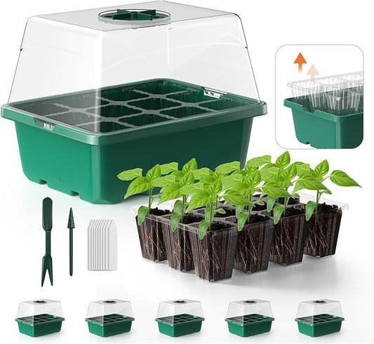 Seed Starter Tray, 5PCS Seed Starter Kit, Seedling Starter Trays with Heightened Lids for Seed Staring, Indoor Gardening Plant Germination Trays (12 Cells per Tray) Green