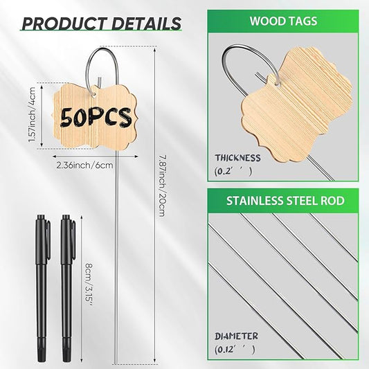 50pcs Bamboo Plant Labels Plant Tags Garden Signs Markers with Stainless Steel Stake and Pen Decorative Wood Garden Labels Plant Sign Tags for Flowers Vegetables Herbs Potted Plants Seed