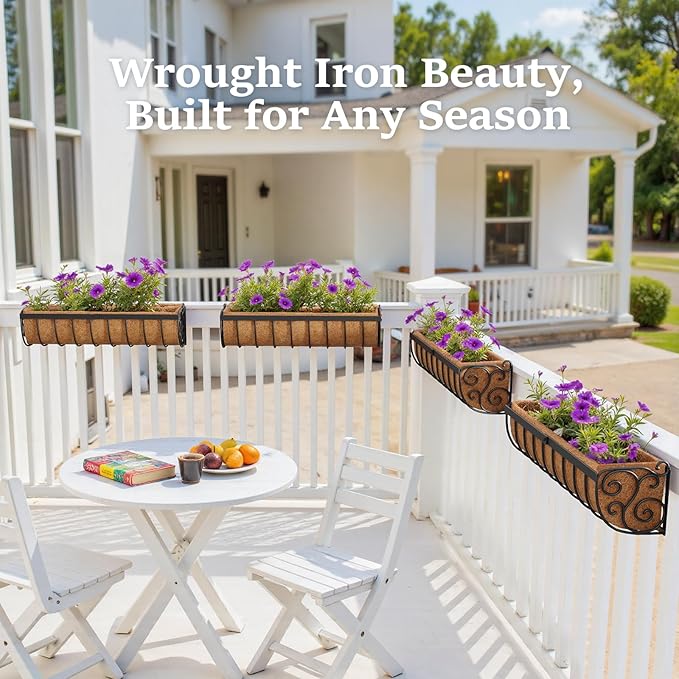 Railing Planter Boxes, 24 Inch Window Boxes Planters, Balcony Planters with Adjustable Brackets & Coco Liner & Support Rod for Outdoor Fence, Deck, Porch, and Patio Gardening, 3 Pack