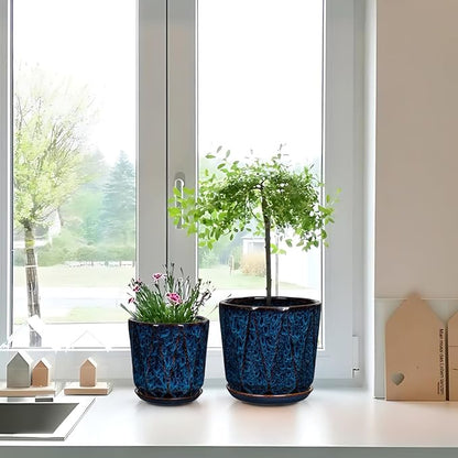 Oairse Ceramic Pots for Plants, 8+6 inch Plant Pots with Drainages Holes & Saucers Large Blue Ceramic Planters Decorative Flower Pot for Indoor Plants Outdoor Inoor