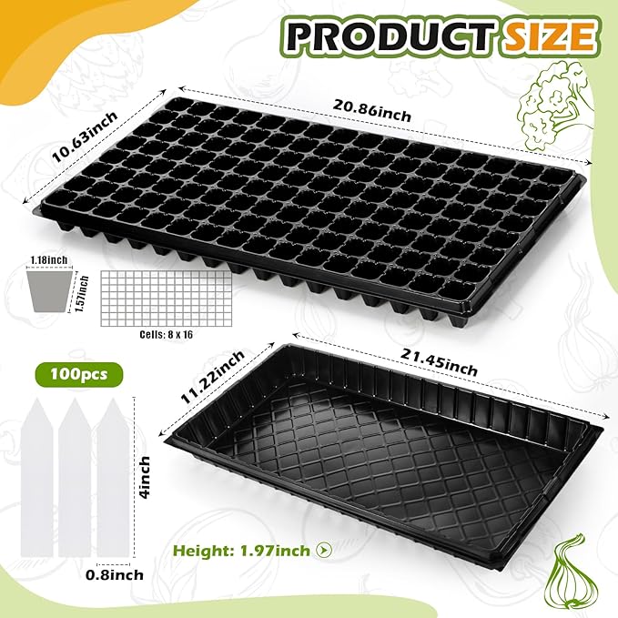 Yinder 20 Pcs Seed Starting Trays with Dome 128 Cells Plug Trays and 1020 No Holes Flat Tray with 100 Pcs Tags Seed Starter Kit for Nursery Germination Plant Propagation