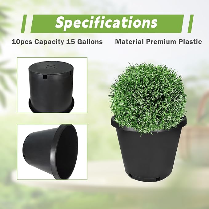HOSTIC 15 Gallon Flexible Nursery Pots Gallon Pot with Drainage Holes Plastic Plant Container Suitable for Indoor Outdoor Vegetables Flowers Plants 10 PCS