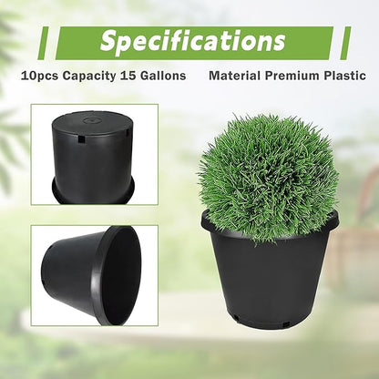 HOSTIC 15 Gallon Flexible Nursery Pots Gallon Pot with Drainage Holes Plastic Plant Container Suitable for Indoor Outdoor Vegetables Flowers Plants 10 PCS