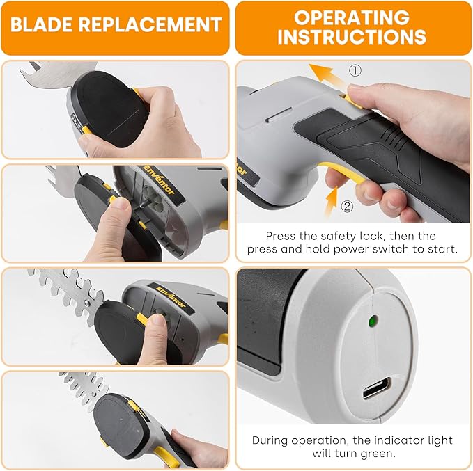 Enventor Cordless Hedge Trimmer and Grass Shear, 7.4V 2000mAh Lithium-ion Rechargeable Battery, 2-in-1 Handheld Electric Grass Trimmer, Small Hedge Cutter with 2 Interchangeable Blades