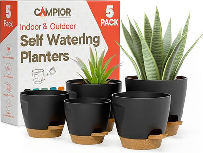 Black Self Watering Pots 5 Pack, Indoor and Outdoor Plant Pots with Wick Rope & Drainage Holes, Easy Watering Lip, Lightweight Plastic Self Watering Planter for Succulents, Houseplants, and Herbs