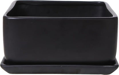 MyGift Modern Black Ceramic Square Indoor Small Planter, Flower Succulent Plant Pot with Drainage Hole and Removable Drip Tray