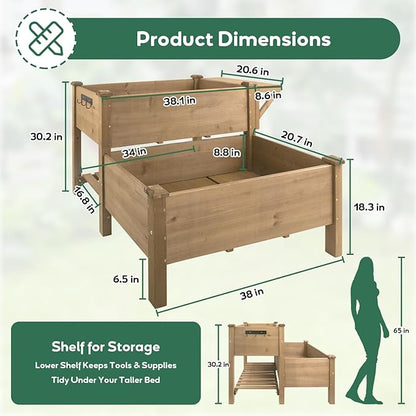 PetsCosset Raised Garden Bed, Outdoor Wood Elevated Planter Box, FirWood Garden Beds with Storage Shelf, Protective Liner, Table Ledge,for Vegetable, Herb, and Flower Cultivation (2 Storey)