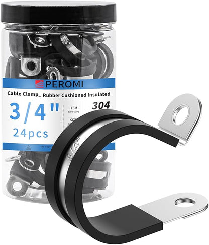 24PCS 3/4" Double Cable Clamps with updated Riveted Reinforce, 304 Stainless Steel Rubber Cushioned Insulated Loop & Pipe Clamps