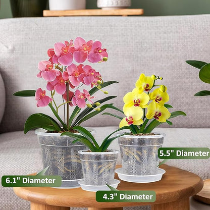 Orchid Pot with Saucers, 6 Pack 6.1" Orchid Pots with Holes and 10Pcs Plant Stakes, Clear Plastic Flower Plant Pot for Indoor Outdoor Plants(6 Pack 6.1" + Saucers)