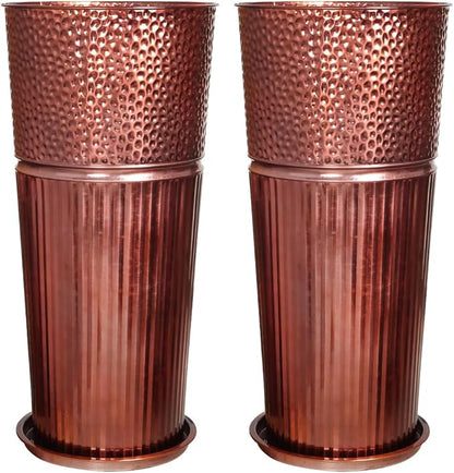 2 Pcs Pack Metal Tall Tapered Planter Pots Large Round Planter Flower Pot with Drainage Holes for Indoor Outdoor Deck Porch Garden Home Patio Front Door (Glossy Copper, Large)