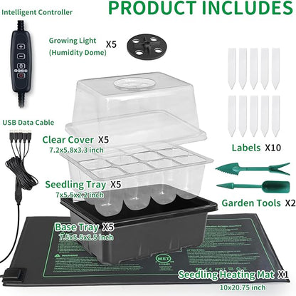 NAMOTEK 5 Pack Seed Starter Tray with Heat Mat and Grow Light Humidity Domes, 60 Cell Trays Germination Station Cloning Kit