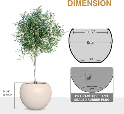 12.8" H x 16" D Globo Fiberstone Round Planter with Drainage Hole, Smooth Finishes, Weather Resistant for Indoor and Outdoor Use, Included 2 Extra Coco Mats (Kilim Beige, 10.7" Pot Opening)