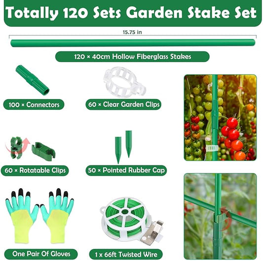 Cludoo 393PCS Garden Stakes Set with 120 Sets Fiberglass Plant Stakes Sticks Supports and Accessories, DIY 4ft 5ft 6ft 7ft Tomato Stakes for Tomato,Vegetables, Pepper, Indoor Outdoor Spring Plants