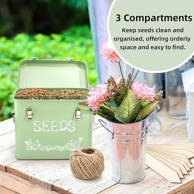 Seed Storage Organizer, Metal Seed Saving Box with Garden String and 10 Wood Plant Labels, 3 Compartment Seed Container Bin with Lid and Safety Locks, Perfect for Flower Plants Garden Lover