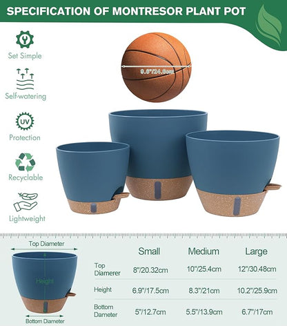 8/10/12 Inch Large Self Watering Pots for Indoor Plants Plastic Plant Pot for Outdoor Plants, Water Level Window & Spacious Reservoir Flower Pots Decorative Planter with Drainage and Tray (Blue)