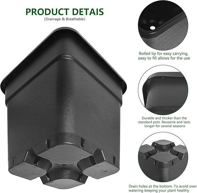 10-Pack 5 Gallon Square Planter Nursery Pots, Flower Plant Container Injection Molded Plastic Nursery Pots Gardening Pots for Indoor Outdoor Vegetables, Succulents, Black
