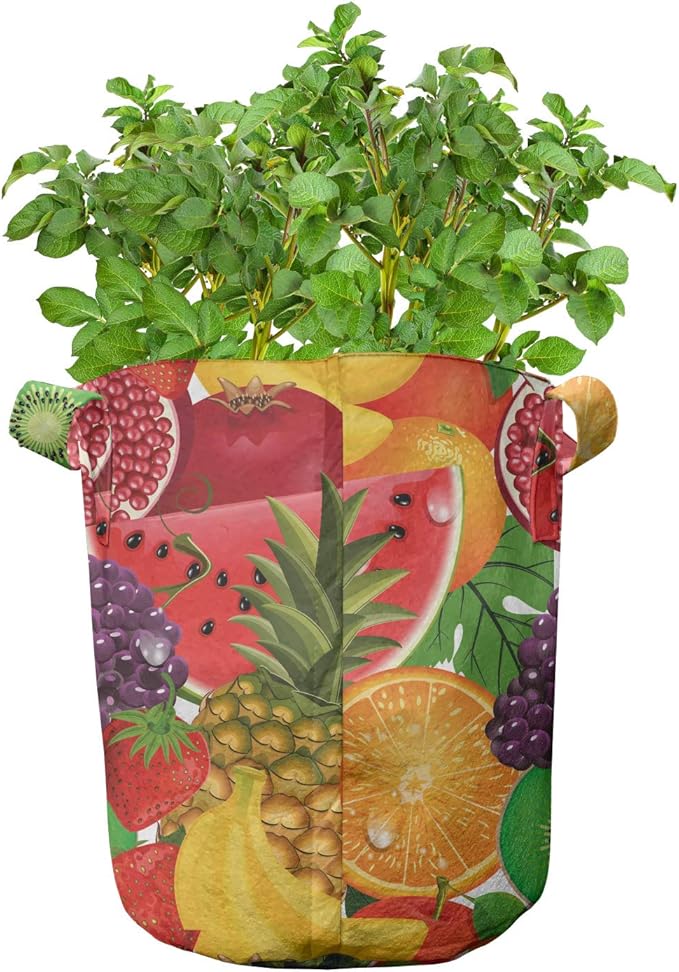 Ambesonne Butterfly Grow Bags 5-Pack, Watercolor Ethnic, Heavyduty Fabric Pots with Handles for Plants, Blue Yellow