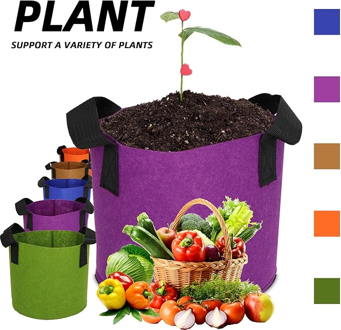 Grow Bags,Growing Pot Bags Garden Grow Bag Indoor Outdoor Fabric Aeration Plant Pot Container Flower Vegetable Pouch (Mixed 5colors,12Gallon)