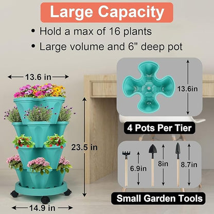 Vertical Planter 4 Tier Stackable Planters Garden Planters Strawberry Herb Flower and Vegetable Planter Indoor Outdoor Gardening Pots with Removable Wheels and Tools