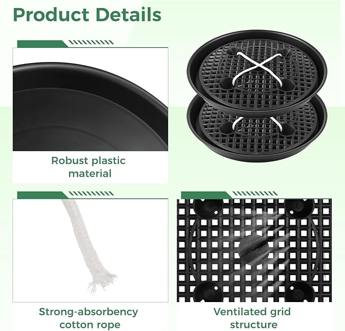 OMISTAR 4 Pack 12 Inch Round Plastic Plant Saucer, Heavy Duty Plant Pot Hole Mesh Drip Trays with Fabric Pot Base, Automatic Watering Plant Saucer for Indoor Planters Flower Pots (Black)