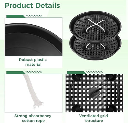 OMISTAR 4 Pack 12 Inch Round Plastic Plant Saucer, Heavy Duty Plant Pot Hole Mesh Drip Trays with Fabric Pot Base, Automatic Watering Plant Saucer for Indoor Planters Flower Pots (Black)