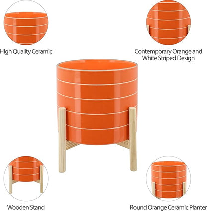 Striped Ceramic Planters with Wooden Stand as Home Decor - Flower Pots for Entryway, Patio, Tabletop, and Garden - Large Colorful Decorative Pots for Indoor and Outdoor Plants - 14", Orange & Tan