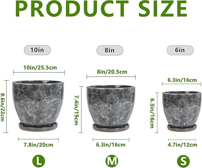 Ceramic Pots for Plants - 10+8+6 Inch Modern Flower Pot for Indoor Outdoor, Round Planters with Drainage Holes and Trays, Office Garden Living Room Decor, Housewarming Gifts, Set of 3, Grey