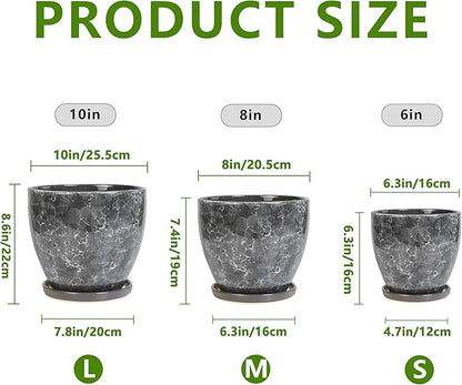 Ceramic Pots for Plants - 10+8+6 Inch Modern Flower Pot for Indoor Outdoor, Round Planters with Drainage Holes and Trays, Office Garden Living Room Decor, Housewarming Gifts, Set of 3, Grey