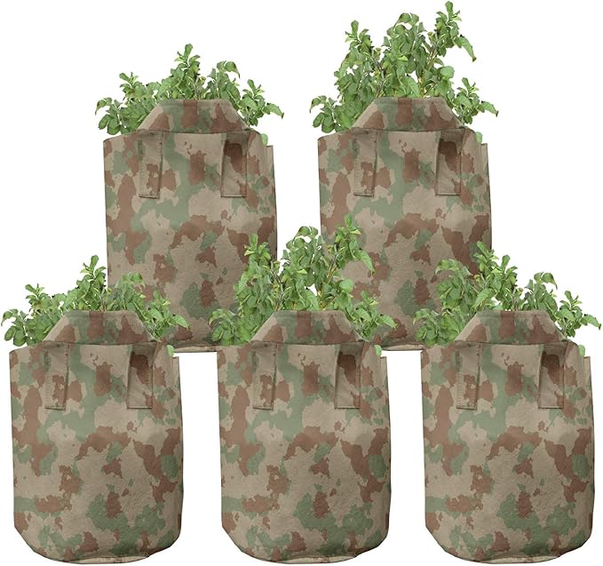Ambesonne Camouflage Grow Bags 5-Pack, Classic Tricolor Camo, Heavyduty Fabric Pots with Handles for Plants, Green Tan