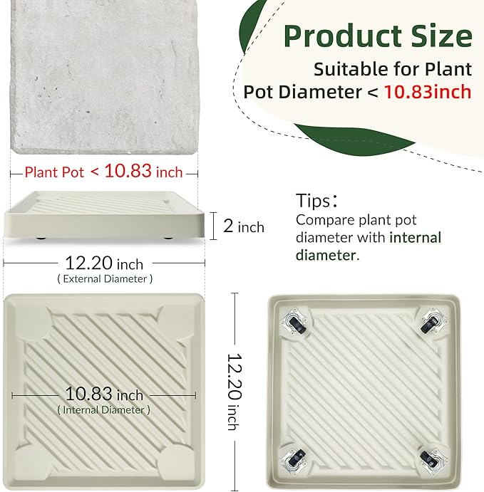 2PCS Square Plant Caddy with Hidden Wheels, Heavy Duty Rolling Plant Stand Caddy with Wheels, Pot Base for Indoor Outdoor, Beige, 12 inches