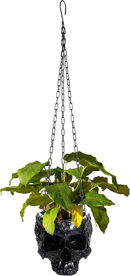 Hanging Skull Planter Pot with Chain and Hook Gothic Skeleton Candy Bowl Trick or Treat Bucket Spooky Skull Flower Pot Creepy Horror Home Decor Outdoor Indoor Garden Decoration 6 Inch Black Planter