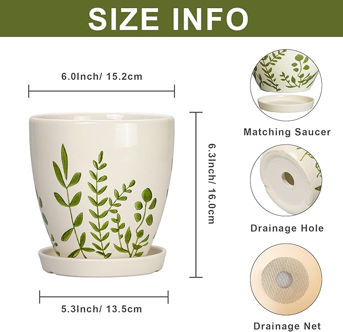 Ceramic Pots for Plants - 6 Inch Plant Pot for Indoor Outdoor Plants, Ceramic Planter with Drainage Hole and Saucer, Decorative Round Planter, Gifts for Plant Lovers, Home Room Decor, White