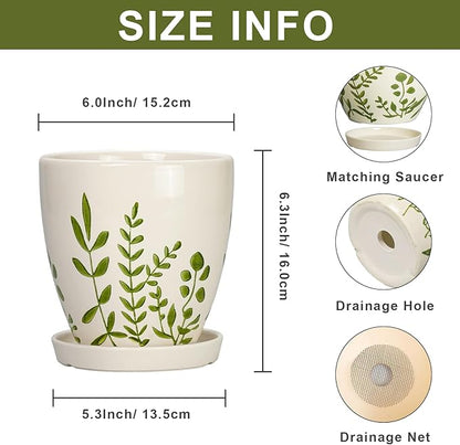 Ceramic Pots for Plants - 6 Inch Plant Pot for Indoor Outdoor Plants, Ceramic Planter with Drainage Hole and Saucer, Decorative Round Planter, Gifts for Plant Lovers, Home Room Decor, White