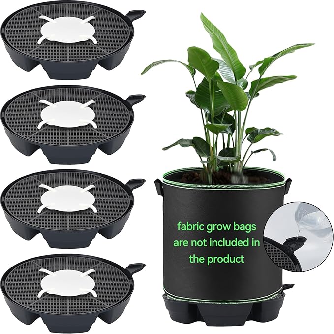 OTraki 4-Pack Self Watering Fabric Pot Base, Auto Watering System for 5 Gallon Fabric Pots, Plastic Plant Saucer Stand with Watering Lip Outdoor Garden Watering Base Plant Water Tray