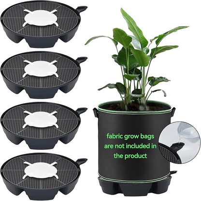 OTraki 4-Pack Self Watering Fabric Pot Base, Auto Watering System for 5 Gallon Fabric Pots, Plastic Plant Saucer Stand with Watering Lip Outdoor Garden Watering Base Plant Water Tray
