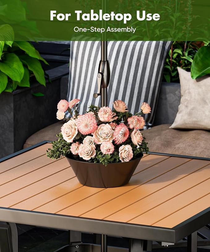 Koutemie 2-in-1 Umbrella Planter for Patio Table & Pole, Half Round Flower Planters Pots with Umbrella Hole Fits Poles Up to 2” Diameter, PVC Post Planter Wrap Around Umbrella for Garden, Black