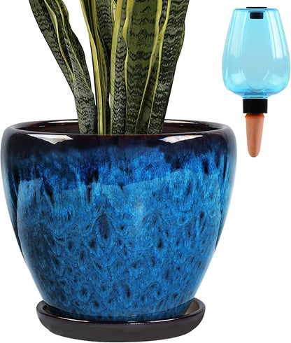 Ceramic Pots for Plant with Self Watering Globes, 10 inch Planters for Indoor Plants with Saucer, Glaze Flower Pots Outdoor with Drainage Holes, Decorative Garden Pots