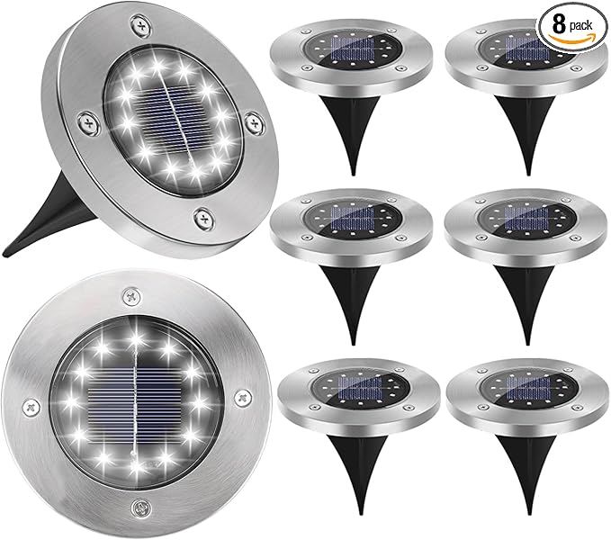 8 Pack Solar Ground Lights, Modern Outdoor Waterproof LED Landscape Lights, Cold Color, 12 LEDs Each, Pathway, Yard, Garden, Patio, Deck, Driveway, Lawn