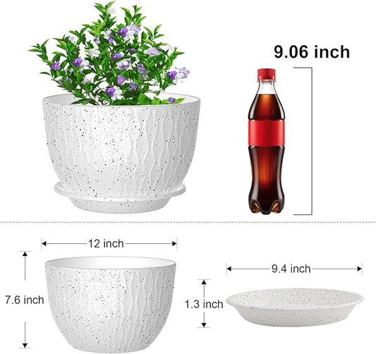 12 inch Large Plant Pots, Flower Pots with Multi-Mesh Drainage Holes and Saucer, Plastic Planters for Indoor and Outdoor Garden Plants (Speckled White, 12")