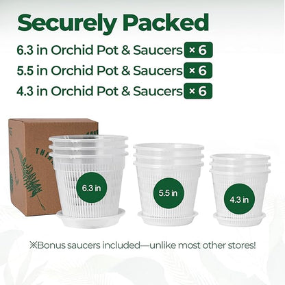 T4U Orchid Pot, 9 Pack Orchid Pots with Holes and Saucers for Repotting, 3 Each of 4.3, 5.5 and 6.3 Inch, Clear Plastic Flower Plant Pot for Indoor Outdoor Plants, Orchids Planter for Root Health