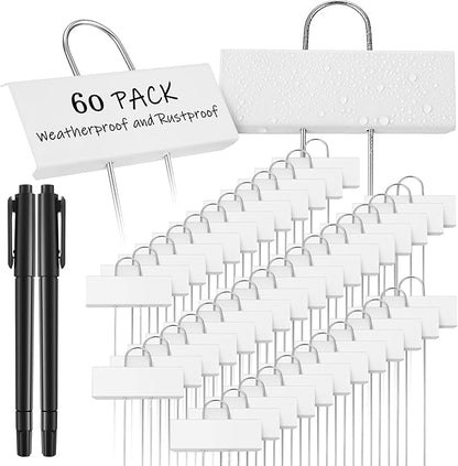 Maitys 62 Pcs Metal Garden Markers Plant Label Stakes Outdoor Weatherproof 10.6 Inch Stainless Steel Nursery Tags Bulk with Pens (White Label with Black Ink)